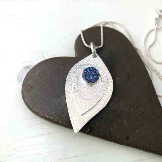Silver Teardrop Shaped Pendant with Drusy Cabochon .