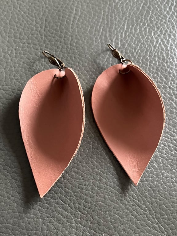 Large Dusky Pink Leather Teardrop Earrings - Minimalist Statement Jewellery 