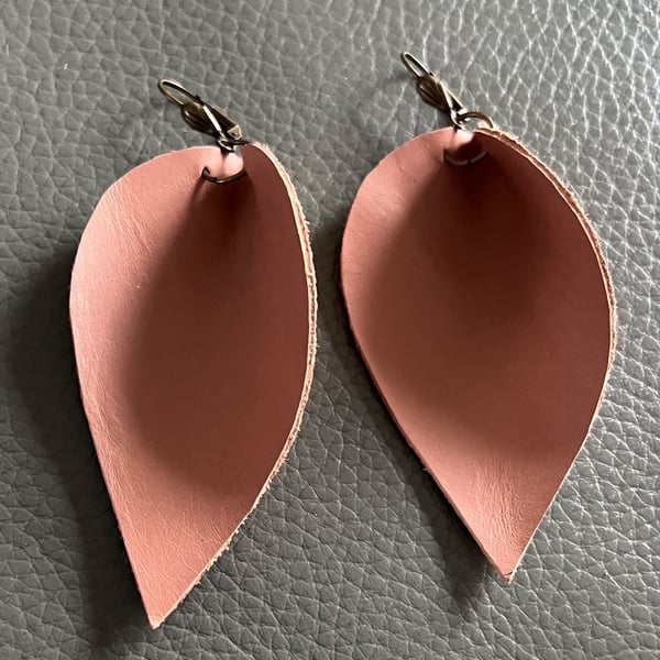 Large Dusky Pink Leather Teardrop Earrings - Minimalist Statement Jewellery 