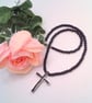Black Crystal Cross Pendant on a Black Beaded Necklace, Black Necklace - Image 1