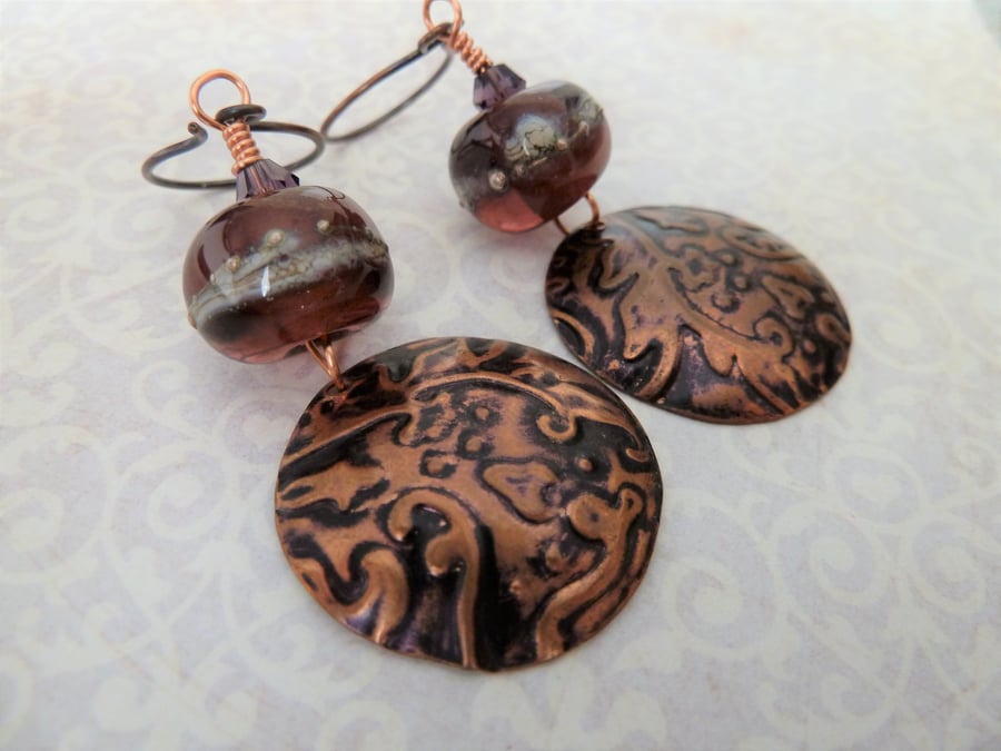 copper disc and lampwork earrings