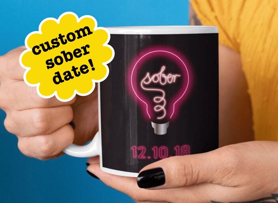 Customisable Sober Mug - Lightbulb Moment Sobriety Gift, AA Gift Sober Anniversa