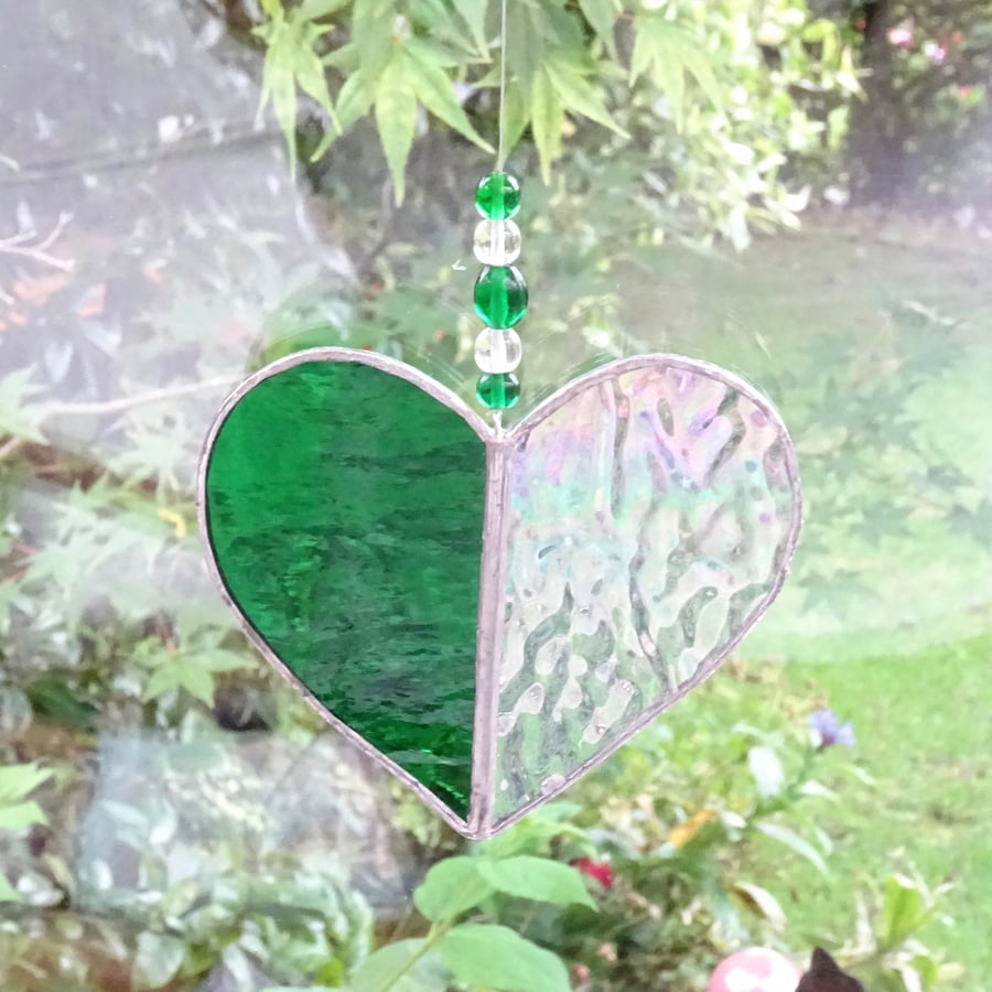 Stained Glass Heart Suncatcher - Green and Clear  