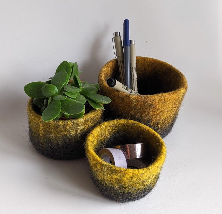 Trio of nesting wool felt pots - grey and yellows