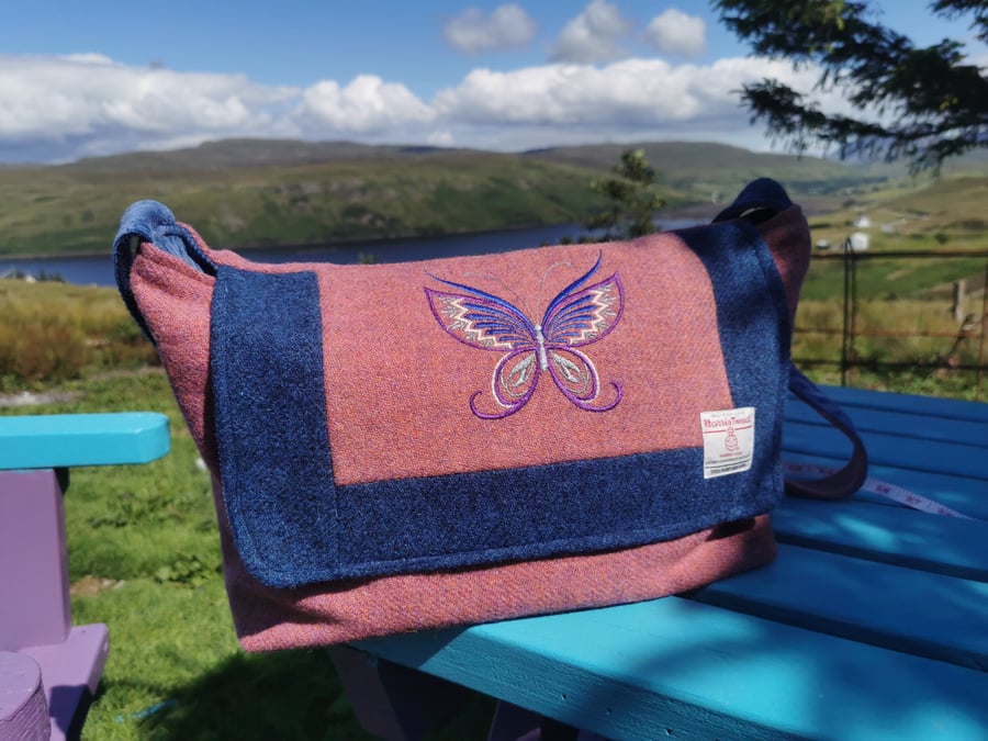 Hariis Tweed large weekend bag with. Patchwork with embroidered butterfly. 