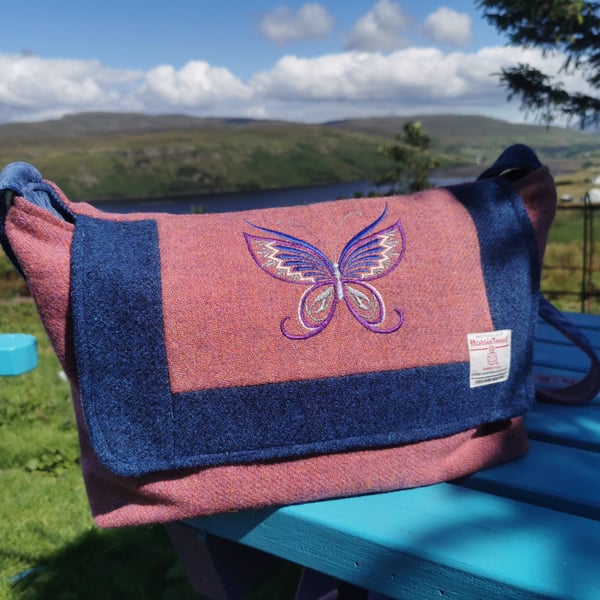 Hariis Tweed large weekend bag with. Patchwork with embroidered butterfly. 