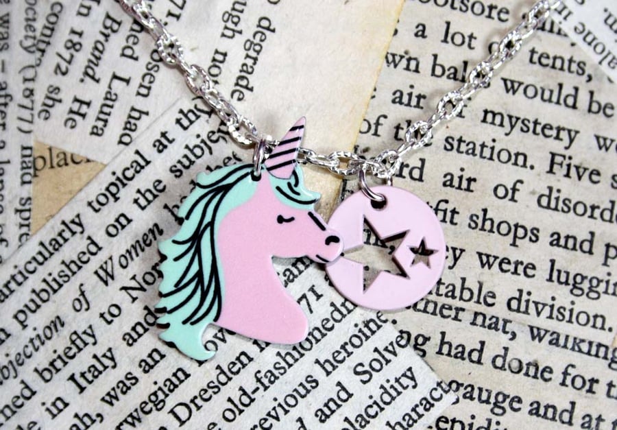 SALE Pastel Pink Unicorn Star Silver Necklace