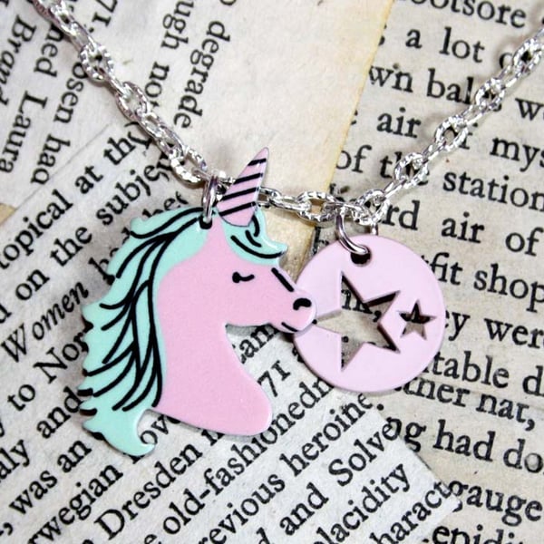 SALE Pastel Pink Unicorn Star Silver Necklace