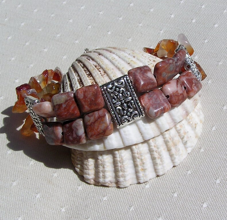 Picasso Jasper & Carnelian Gemstone Crystal Beaded Bracelet "Orange Venetian"