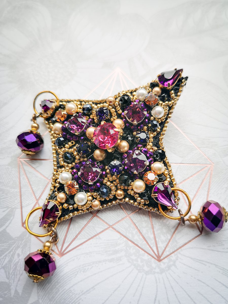 Swarovski crystal purple fuchsia gold beaded brooch