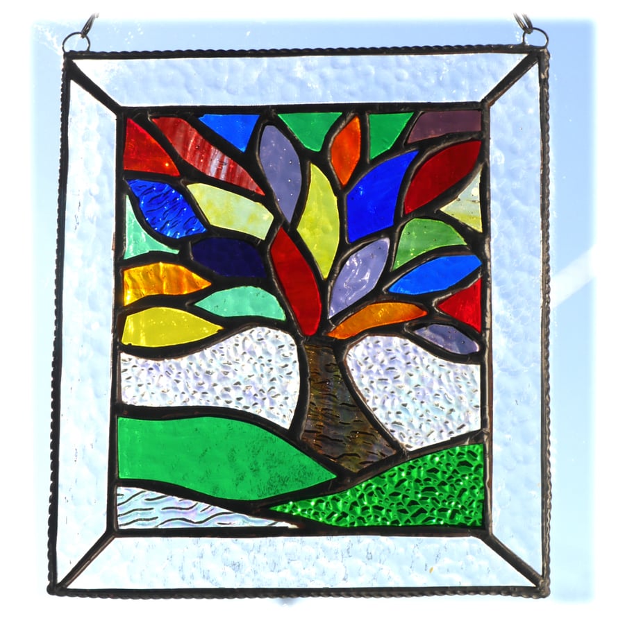 Sold 240316 Rainbow Tree of Life Suncatcher Leaf Stained Glass Picture 012