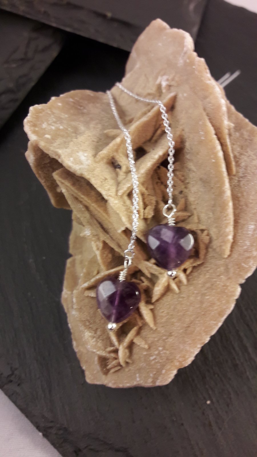 Faceted Amethyst Heart Pull Through Sterling Silver Earrings