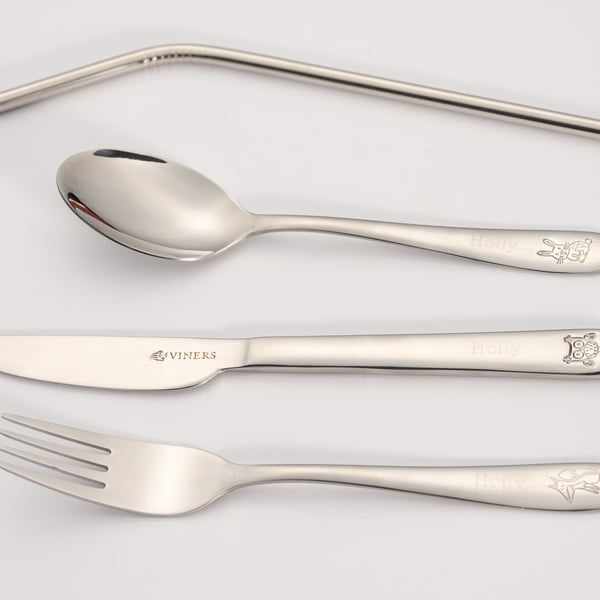 Childrens Personalised Engraved Woodland Animal Cutlery Set With Straw