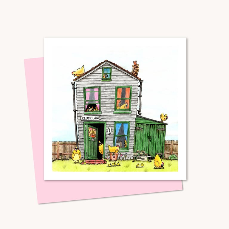 Whimsical Chicken Coop Greeting Card: Hen House Pencil Illustration (225)