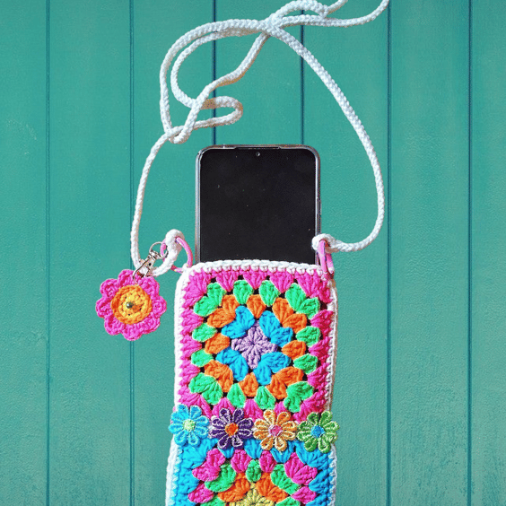 colourful crochet granny square boho phone bag with flower key charm