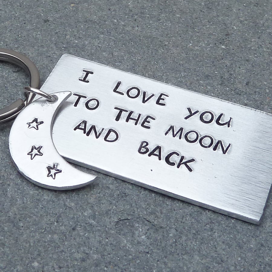 I Love You To The Moon and Back Hand Stamped Silvertone Keyring - KEY006