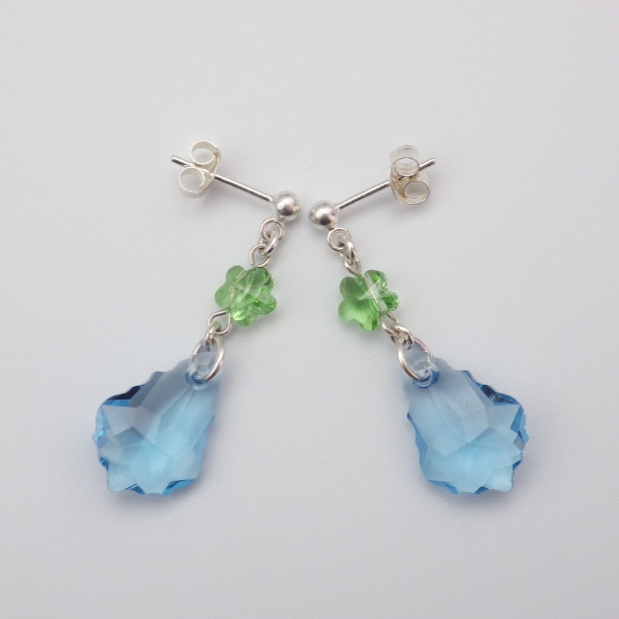 Blue Baroque Swarovski drop earrings with green flower beads
