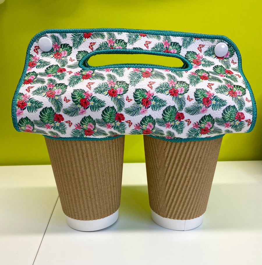 Coffee Cup Carrier - Tropical Flowers Reusable Double Coffee Cup Carrier