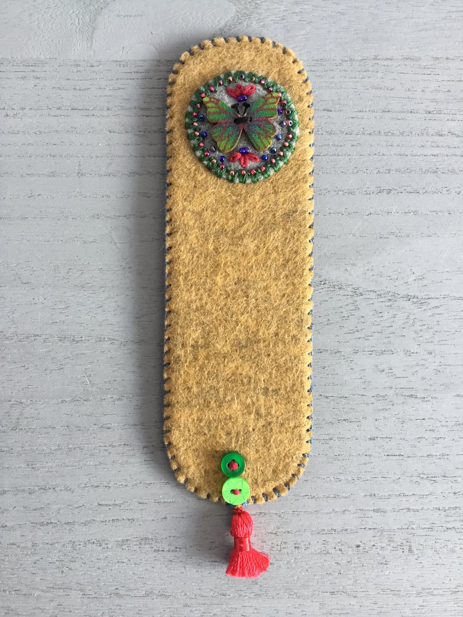 Hand Embroidered Butterfly Button  Bookmark 