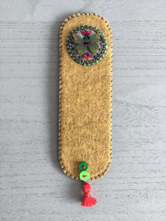 Hand Embroidered Butterfly Button  Bookmark 