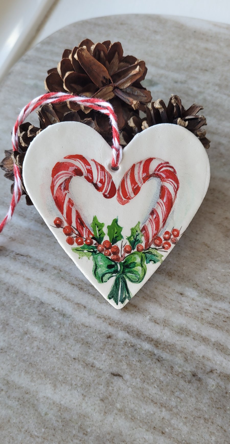 hand painted christmas ornament, clay decoration, candy cane, snow, winter