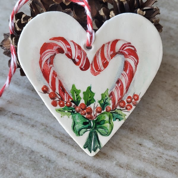 hand painted christmas ornament, clay decoration, candy cane, snow, winter