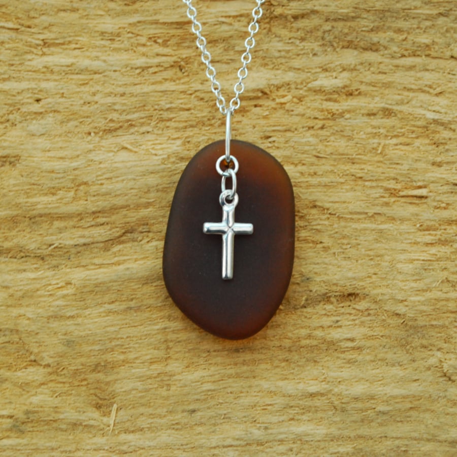 Beach glass pendant with silver cross