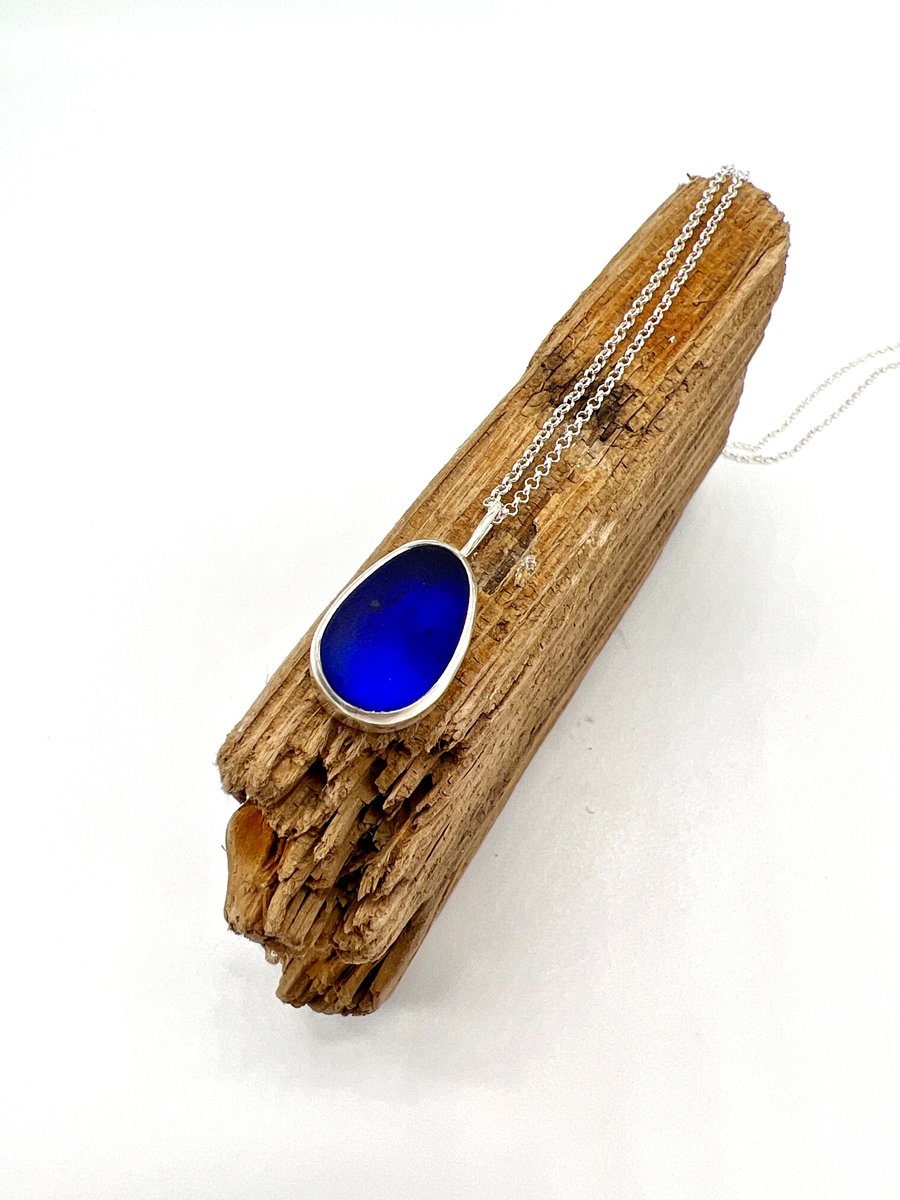 Blue Sea Glass Teardrop Necklace 