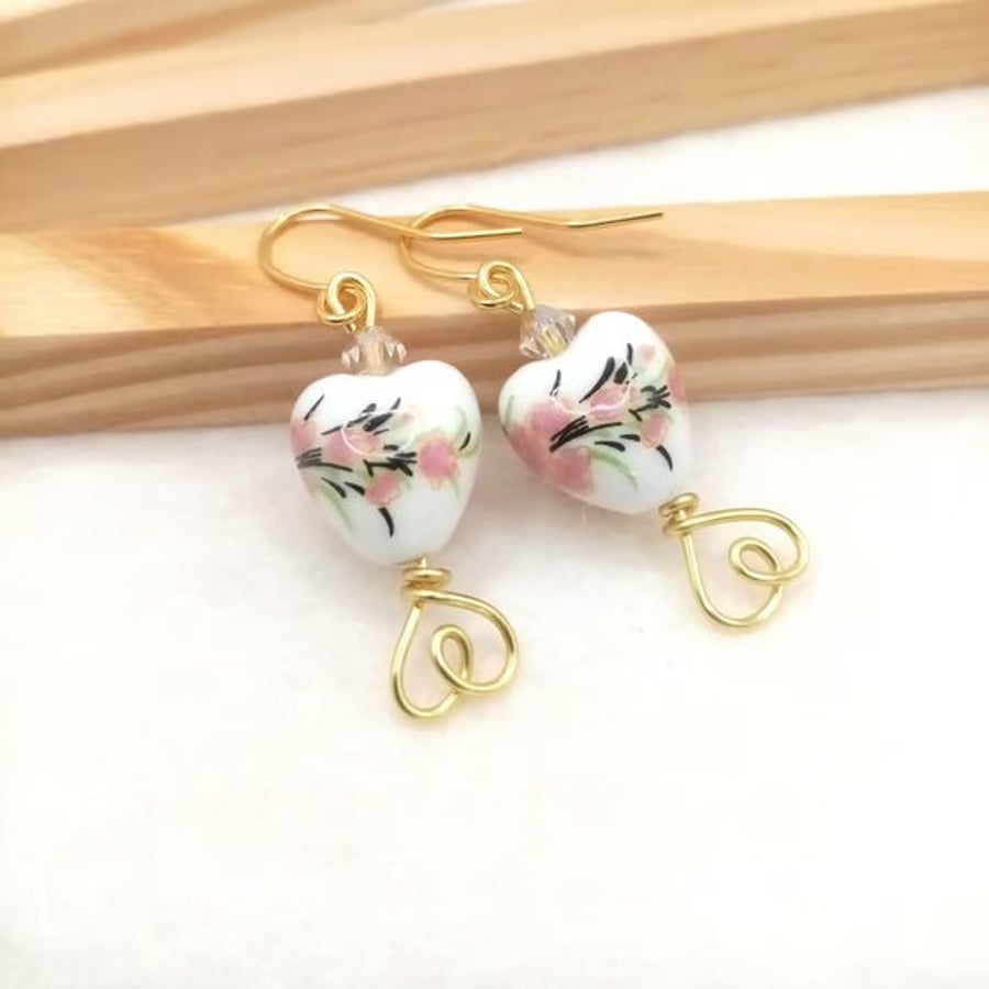 Handmade Porcelain Heart Earrings - Pink Orchid & Preciosa Crystal, Gift for Her