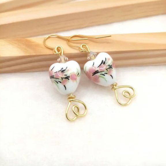 Handmade Porcelain Heart Earrings - Pink Orchid & Preciosa Crystal, Gift for Her