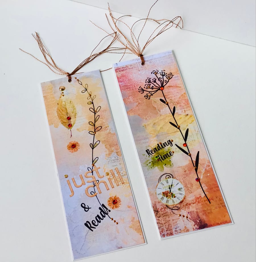 Bookmarks Set of Two,Printed Handfinished, Floral Collage Design 