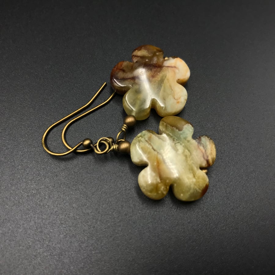  Jade and bronze carved flower drop earrings, Taurus jewelry