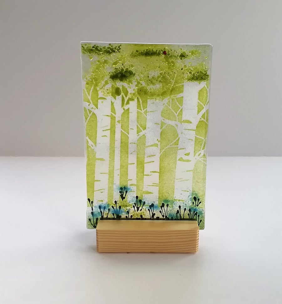 Fused Glass Bluebell Woods Ornament, Birch Tree Scene