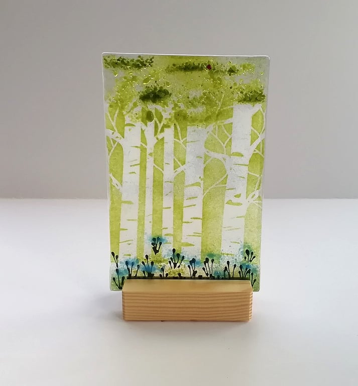Fused Glass Bluebell Woods Ornament, Birch Tree Scene
