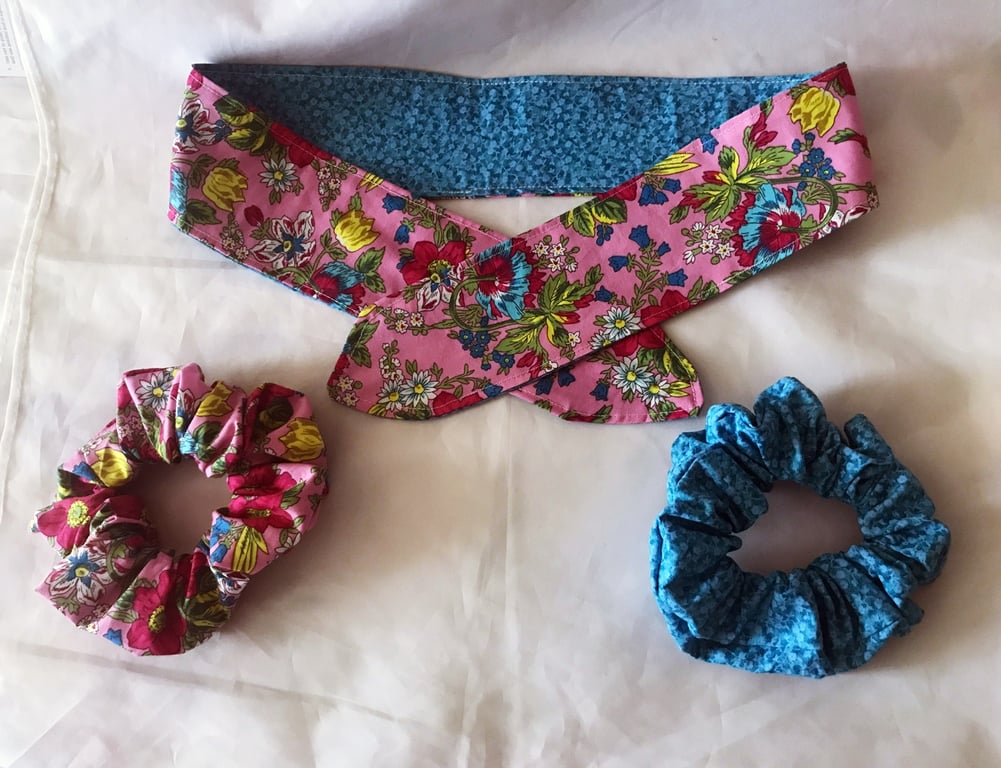 Headband Pink Floral Handmade Blue Floral Scrunchie