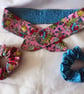 Headband Pink Floral, Blue Floral Scrunchie - Image 1