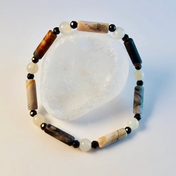 Picasso Jasper Bracelet With Moonstone And Black Spinel - Handmade In Devon