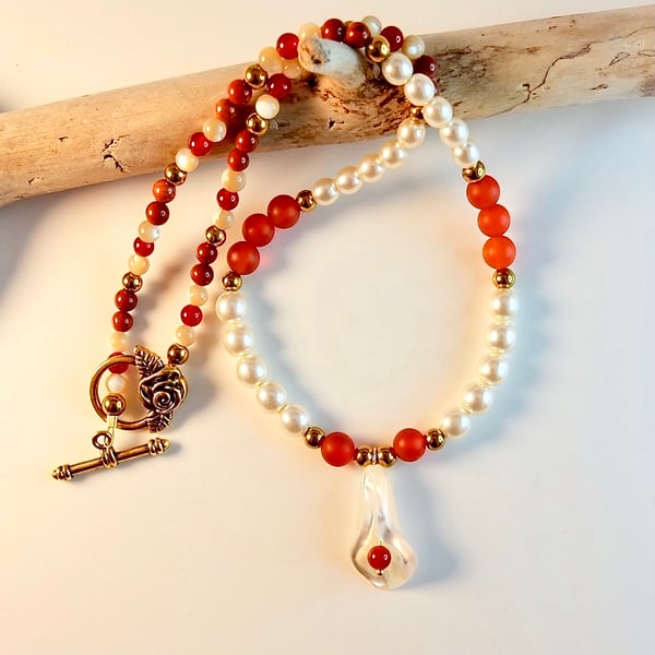 Mother Of Pearl Lily Pendant, Carnelian, Red Jasper & Czech Glass Pearl Necklace