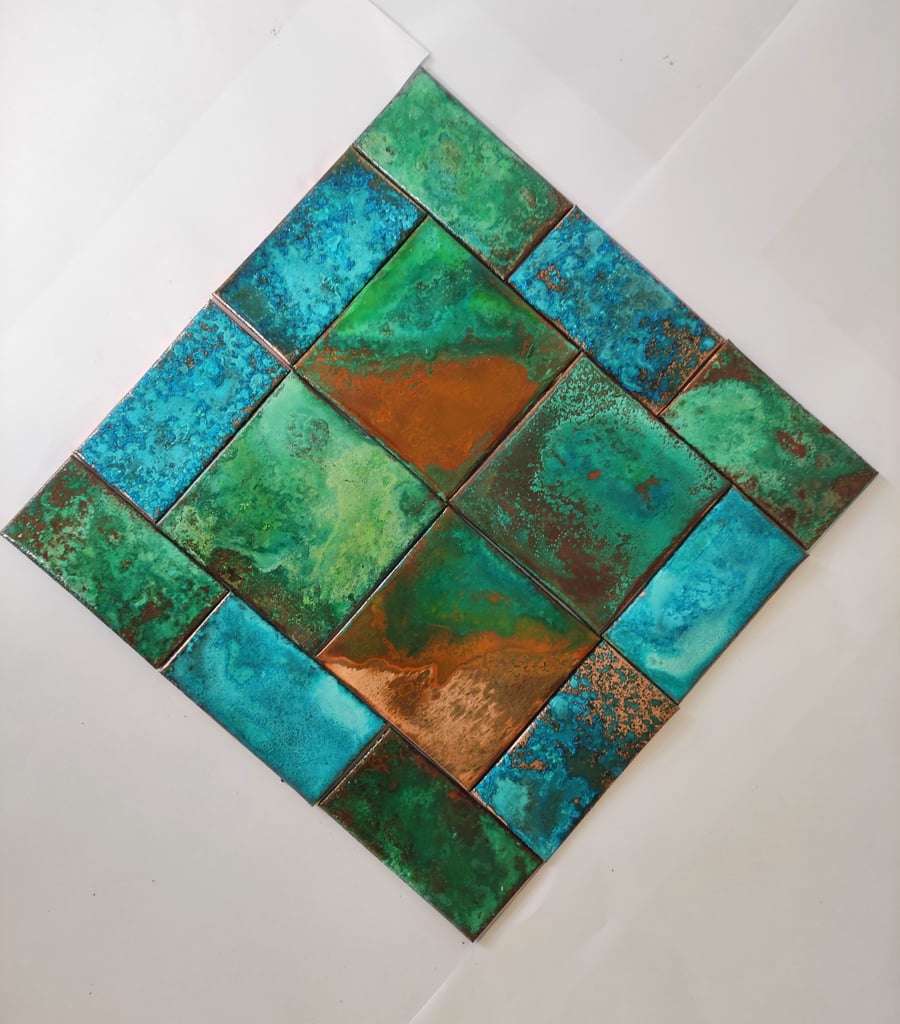Tiles Copper patina verdigris Splashback backsplash Handmade Art Tile