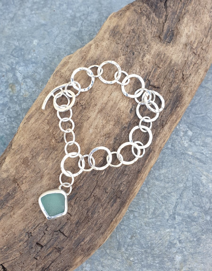 Sterling silver handmade chain bracelet with seaglass charm