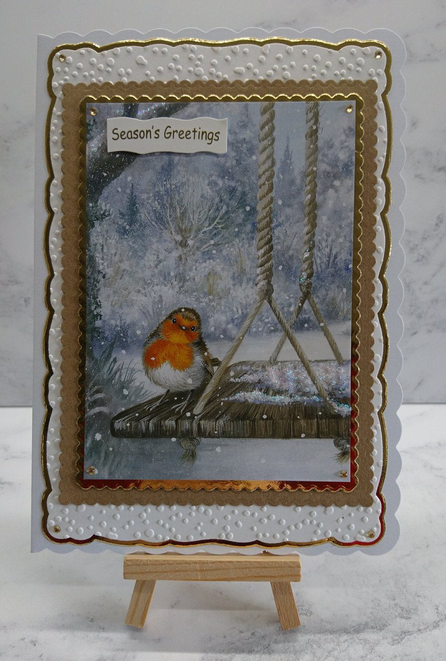Christmas Card Season's Greetings Robins Snowy Garden Swing 3D Luxury Handmade