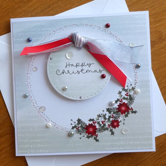 Happy Christmas Card - Wreath With Poinsettias - Red and Eau de Nil