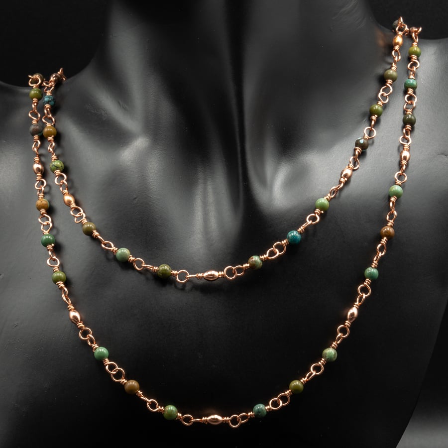Natural turquoise and copper handmade long link necklace, Turquoise jewelry