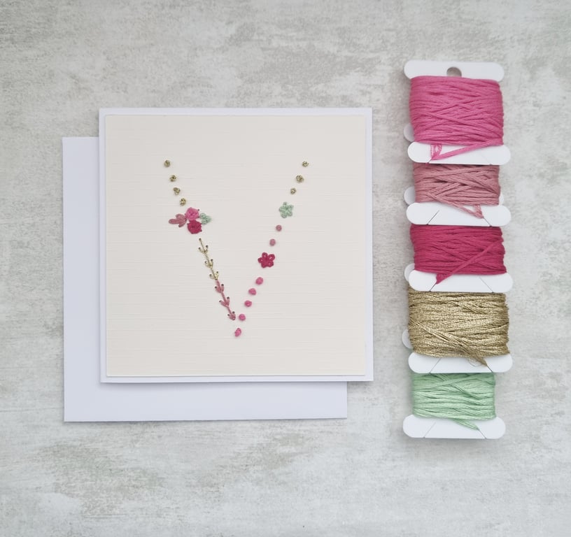 Letter V Embroidered Card, Personalised Bridesmaid Card, Birthday Keepsake Card