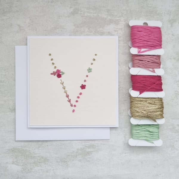 Letter V Embroidered Card, Personalised Bridesmaid Card, Birthday Keepsake Card