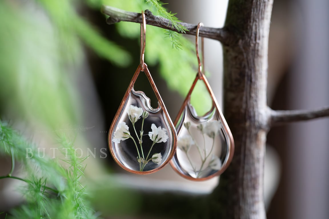 White Gypsophila Resin Copper Earrings