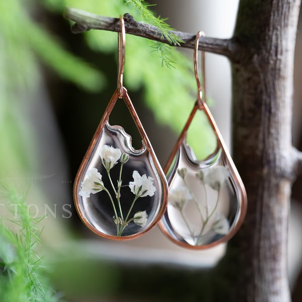 White Gypsophila Resin Copper Earrings