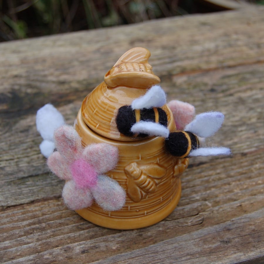  Vintage Honey Pot decorated with needle felted bees Charity Sale
