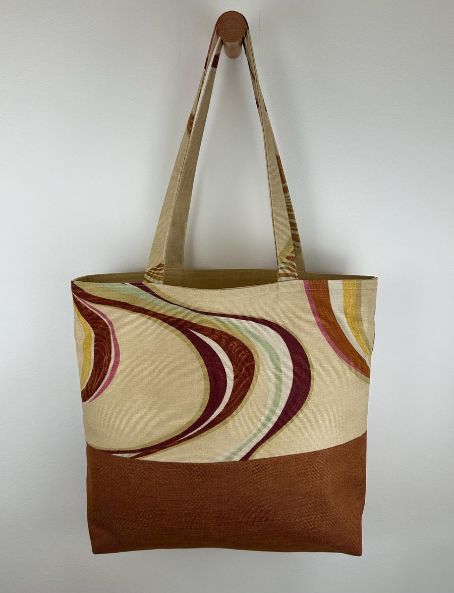 Handmade Abstract Swirl Tote Bag, Rust Beige Canvas Shoulder Bag