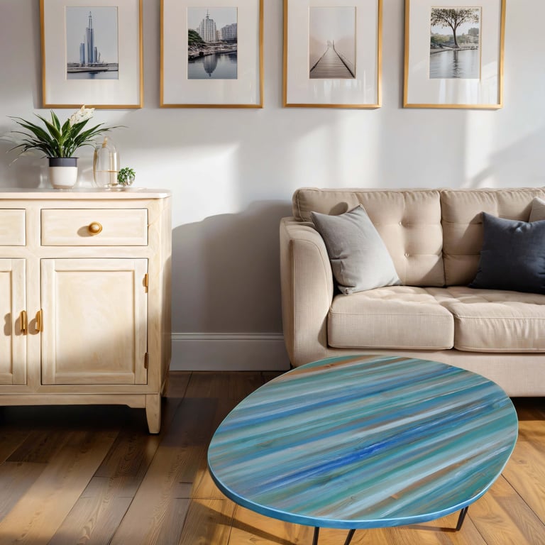 Oval Coastal Blue Coffee Table Unique Hand Painted Seabreeze Colour Scheme 